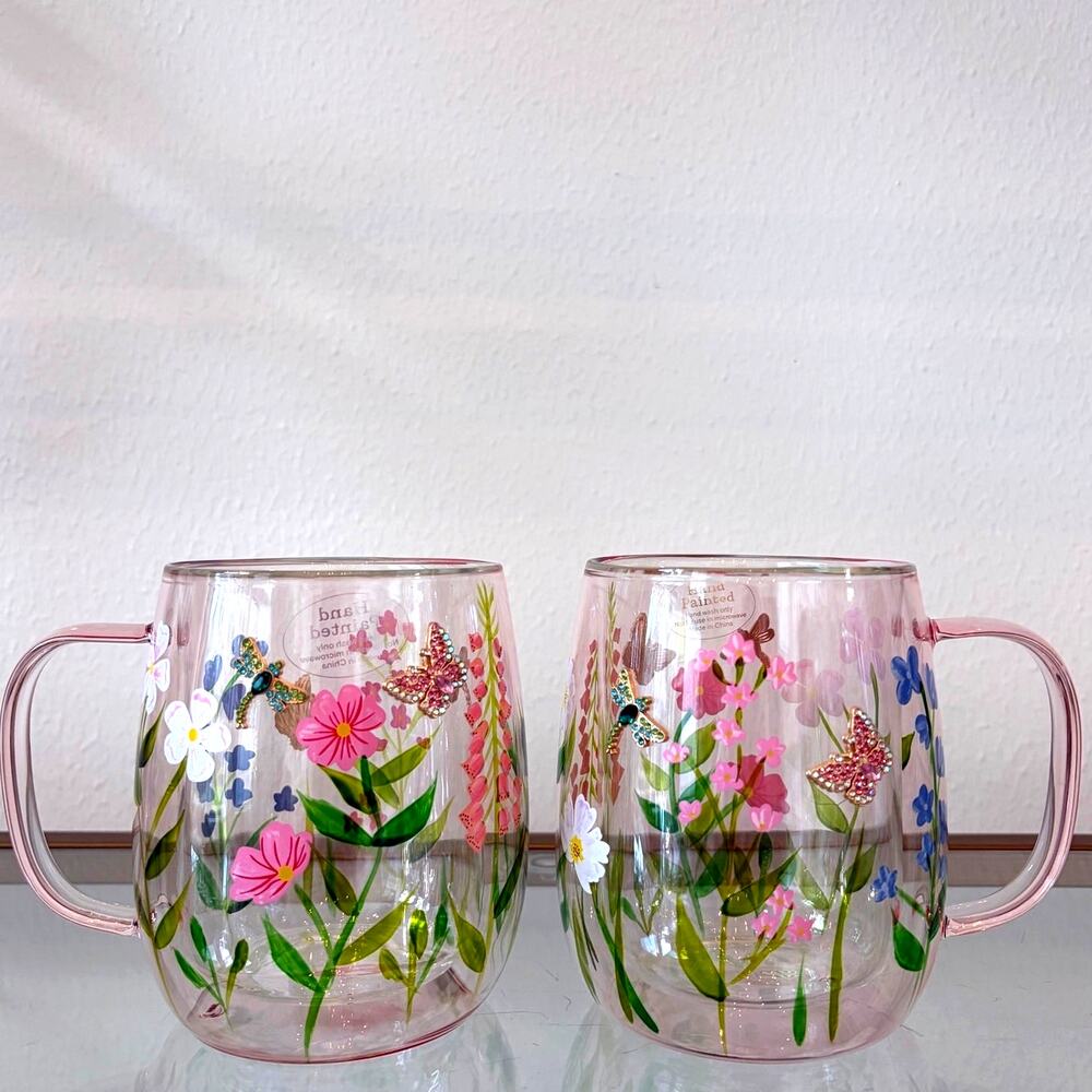 2pc Hand Painted & Jeweled Glass Mugs Multicolored Floral Butterfly NEW